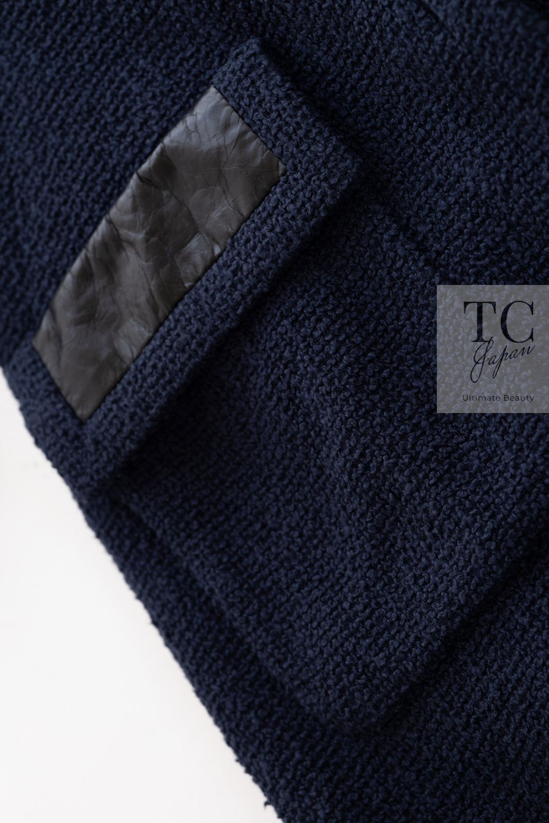 CHANEL 16S Navy Black Leather Collar Tweed Coat 36 42 シャネル ネイビー ブラック レザー襟 ツイード コート 即発