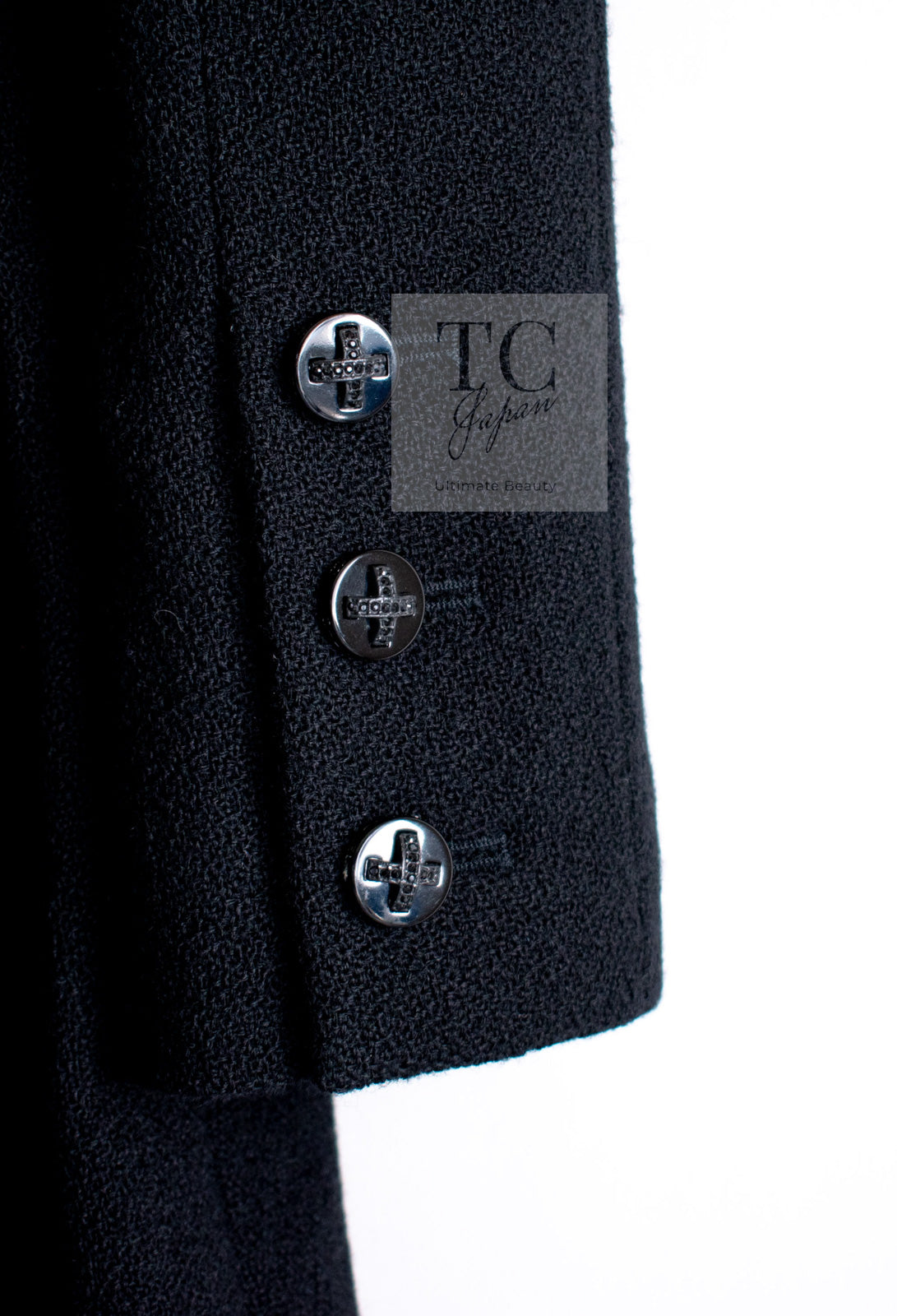 CHANEL 06A Black Wool Tweed Coat 34 36 38 シャネル ブラック ウール ツイード コート ラインストーン ビジュー ボタン即発