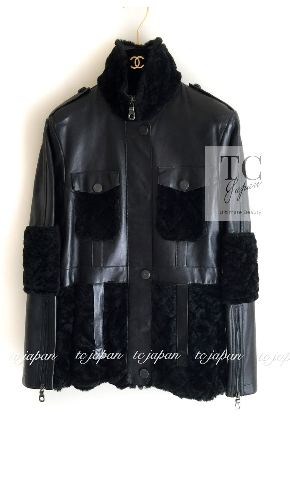 シャネル レザー ジャケット CHANEL ブラック ラムスキン コート 10A 