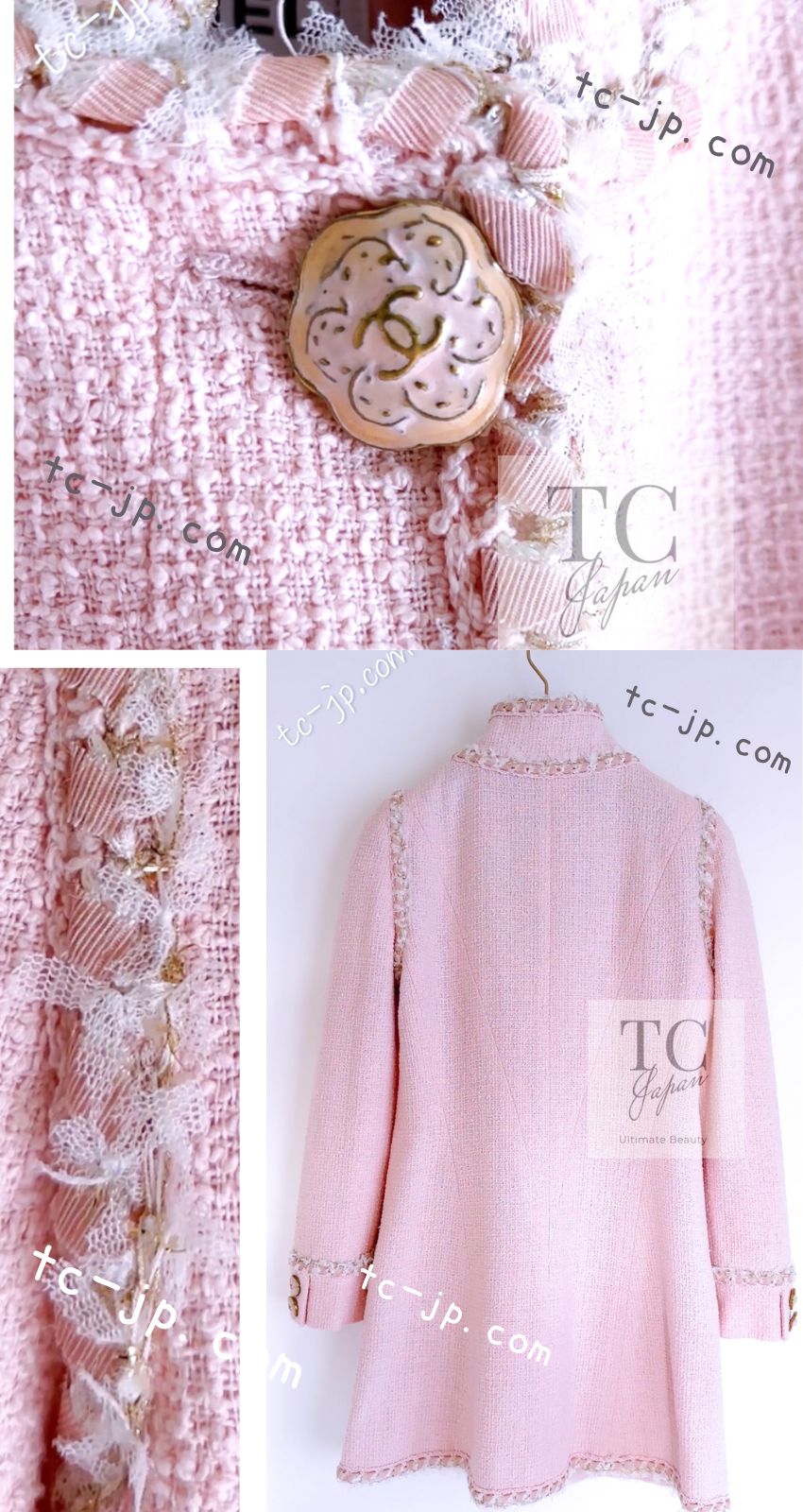 CHANEL 13C Pink Trim Stand Collar Cotton Jacket Coat Cloisonne CC Button 34 36 シャネル ピンク スタンドカラー コットン ジャケット コート 七宝焼 CCボタン 即発