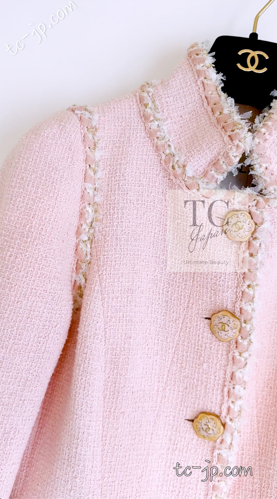 CHANEL 13C Pink Trim Stand Collar Cotton Jacket Coat Cloisonne CC Button 34 36 シャネル ピンク スタンドカラー コットン ジャケット コート 七宝焼 CCボタン 即発