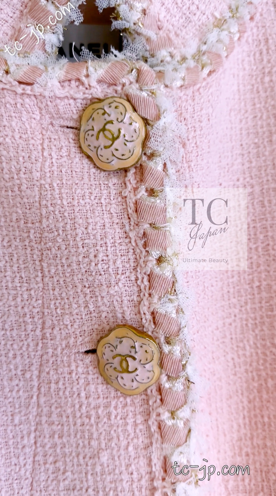 CHANEL 13C Pink Trim Stand Collar Cotton Jacket Coat Cloisonne CC Button 34 36 シャネル ピンク スタンドカラー コットン ジャケット コート 七宝焼 CCボタン 即発