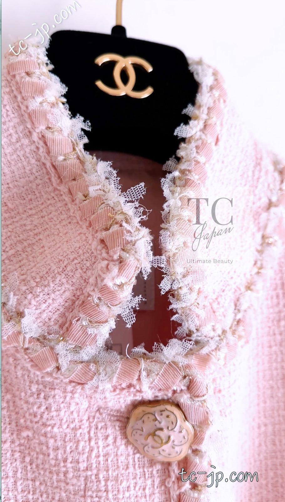 CHANEL 13C Pink Trim Stand Collar Cotton Jacket Coat Cloisonne CC Button 34 36 シャネル ピンク スタンドカラー コットン ジャケット コート 七宝焼 CCボタン 即発