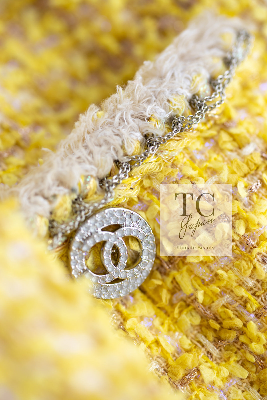 CHANEL 20S Yellow Stand Collar Braid Chain Trim Tweed Double Jacket 40 42 シャネル イエロー スタンド襟 ブレイド チェーン トリム ツイード ダブル ジャケット 即発
