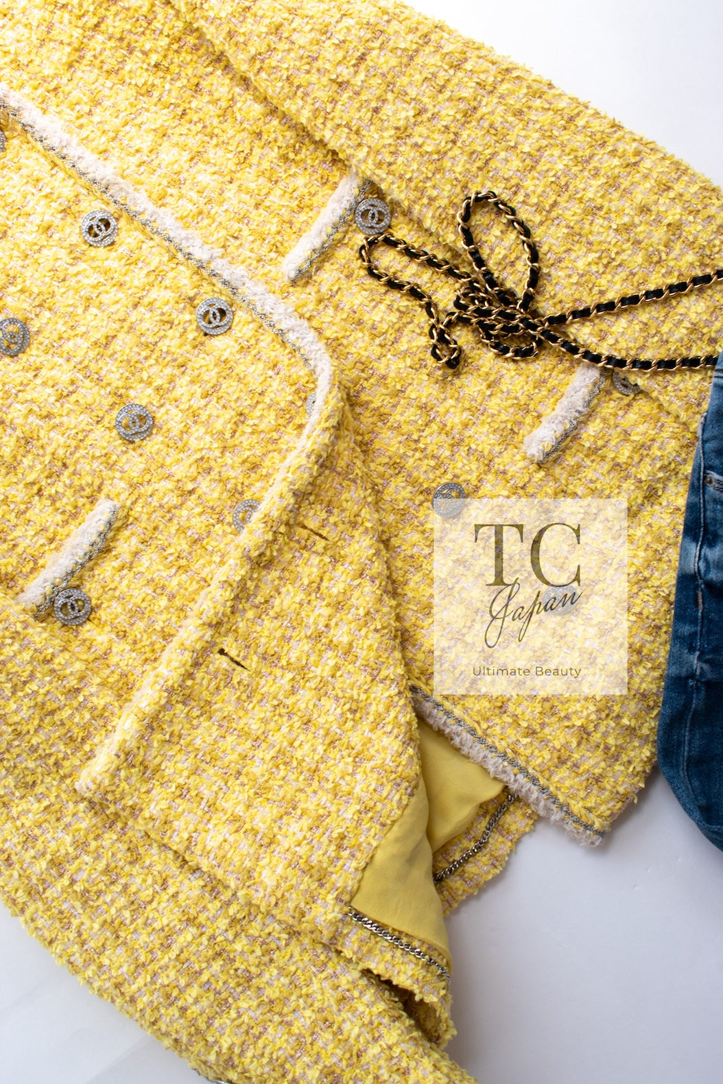 CHANEL 20S Yellow Stand Collar Braid Chain Trim Tweed Double Jacket 40 42 シャネル イエロー スタンド襟 ブレイド チェーン トリム ツイード ダブル ジャケット 即発
