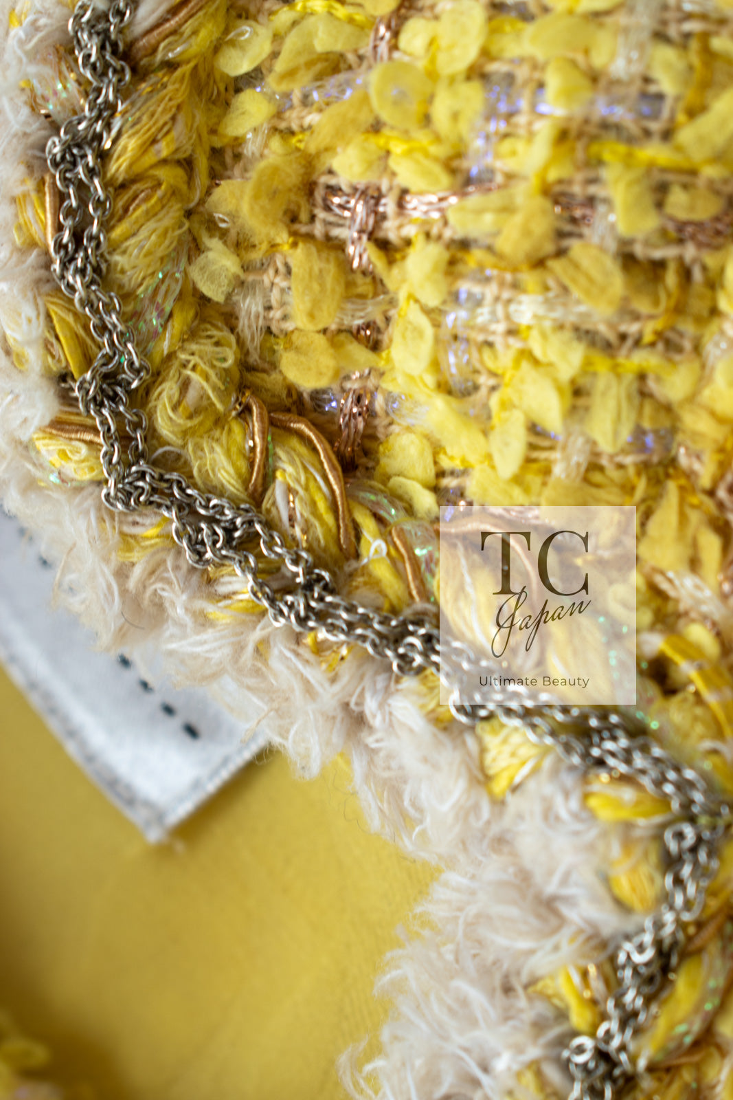 CHANEL 20S Yellow Stand Collar Braid Chain Trim Tweed Double Jacket 40 42 シャネル イエロー スタンド襟 ブレイド チェーン トリム ツイード ダブル ジャケット 即発