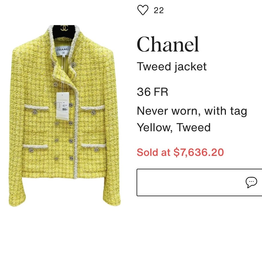 CHANEL 20S Yellow Stand Collar Braid Chain Trim Tweed Double Jacket 40 42 シャネル イエロー スタンド襟 ブレイド チェーン トリム ツイード ダブル ジャケット 即発