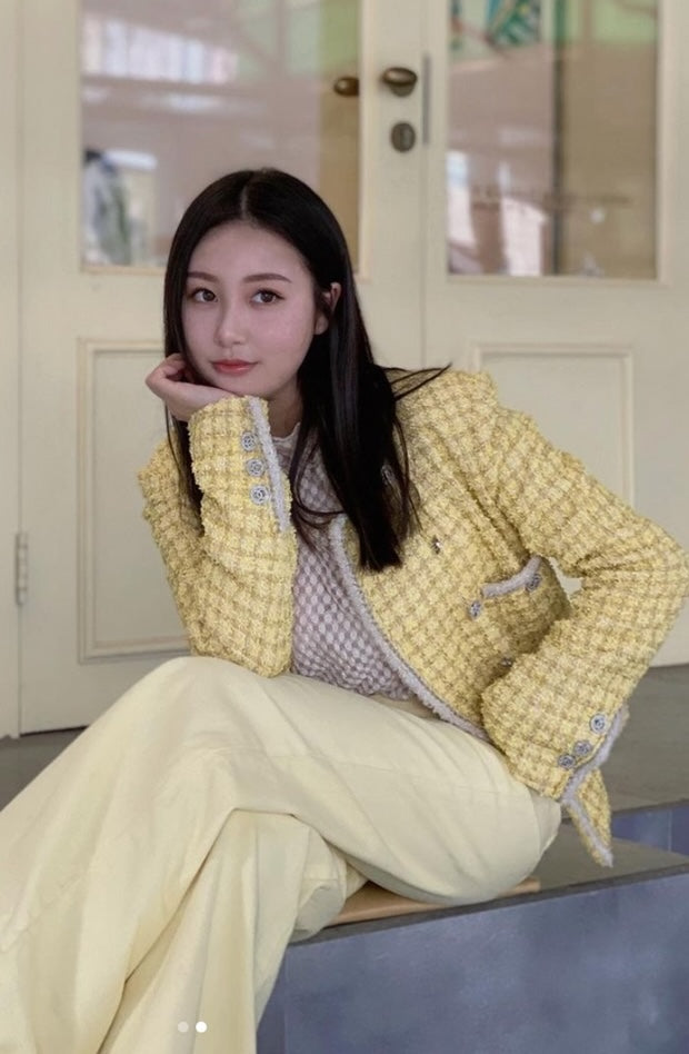 CHANEL 20S Yellow Stand Collar Braid Chain Trim Tweed Double Jacket 40 42 シャネル イエロー スタンド襟 ブレイド チェーン トリム ツイード ダブル ジャケット 即発