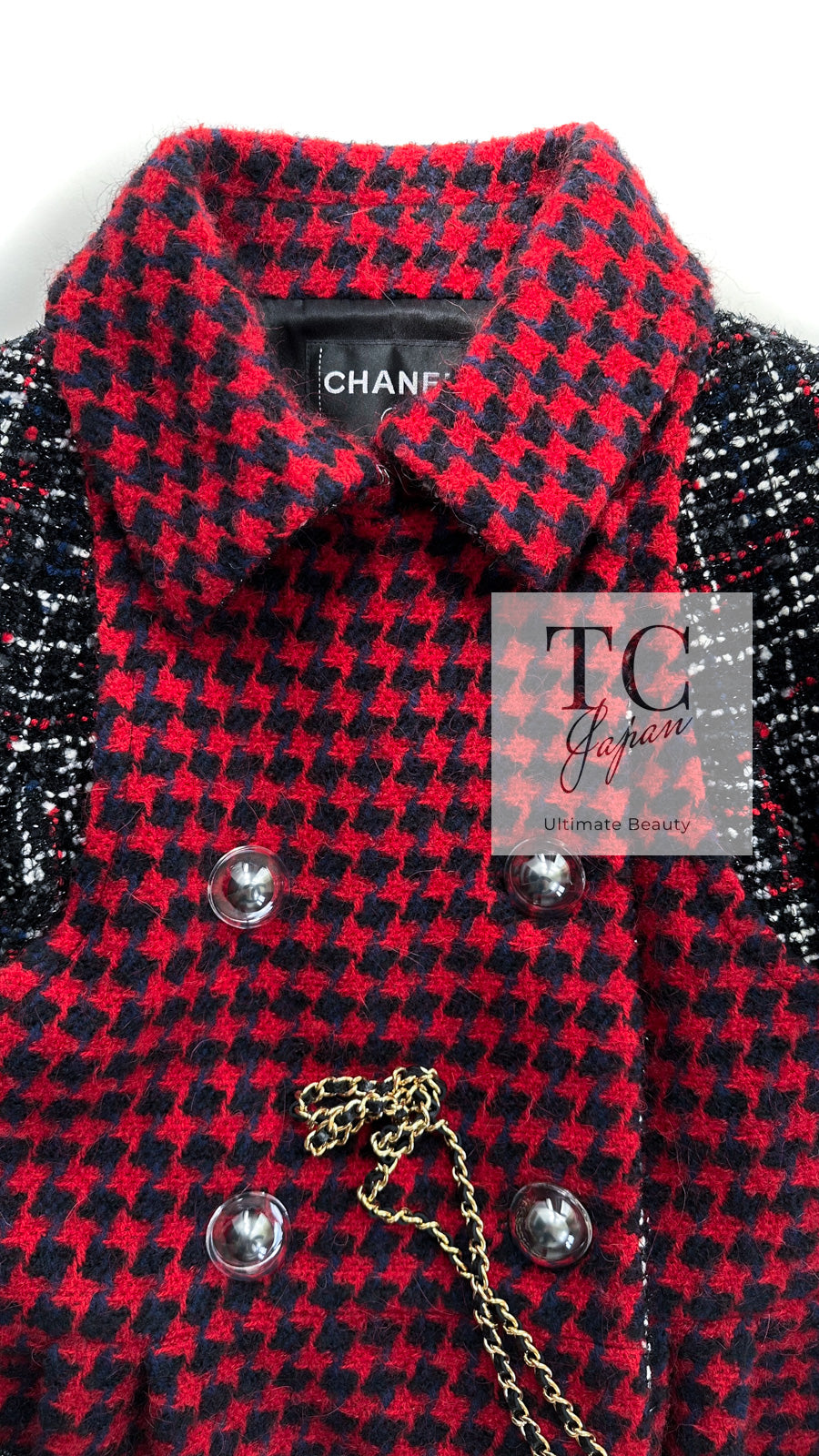 CHANEL 17A Red Black Double Wool Tweed Coat 36 シャネル レッド ブラック ダブル ウール ツイード コート 即発