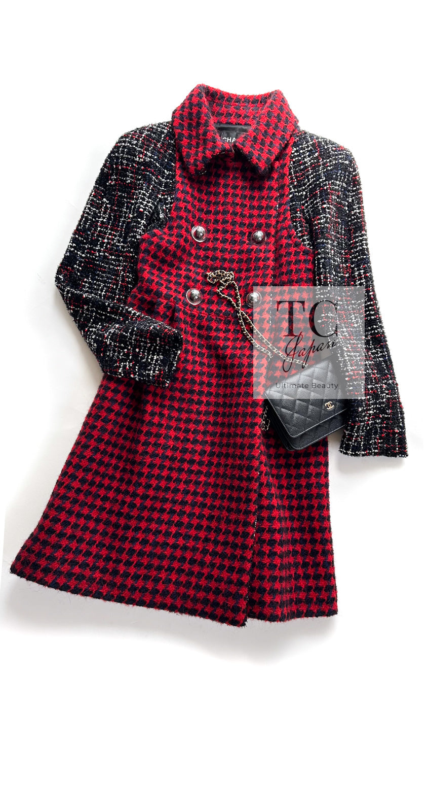 CHANEL 17A Red Black Double Wool Tweed Coat 36 シャネル レッド ブラック ダブル ウール ツイード コート 即発