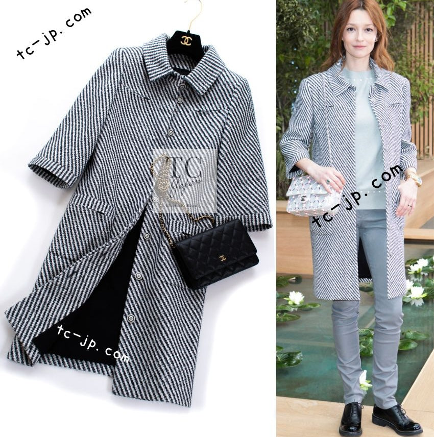 CHANEL 16S Olive Navy White Striped Cotton Wool Tweed Coat 34 シャネル オリーブ ネイビー ホワイト ストライプ コットン ウール ツイード コート 即発