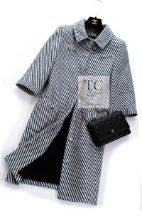 CHANEL 16S Olive Navy White Striped Cotton Wool Tweed Coat 34 シャネル オリーブ ネイビー ホワイト ストライプ コットン ウール ツイード コート 即発