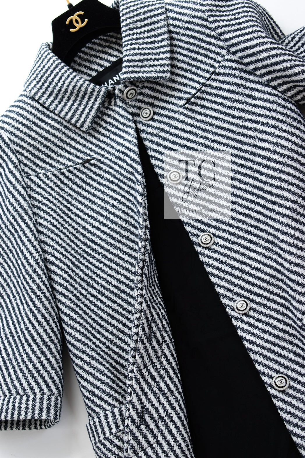 CHANEL 16S Olive Navy White Striped Cotton Wool Tweed Coat 34 シャネル オリーブ ネイビー ホワイト ストライプ コットン ウール ツイード コート 即発