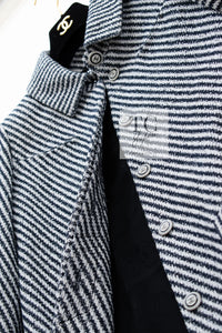 CHANEL 16S Olive Navy White Striped Cotton Wool Tweed Coat 34 シャネル オリーブ ネイビー ホワイト ストライプ コットン ウール ツイード コート 即発