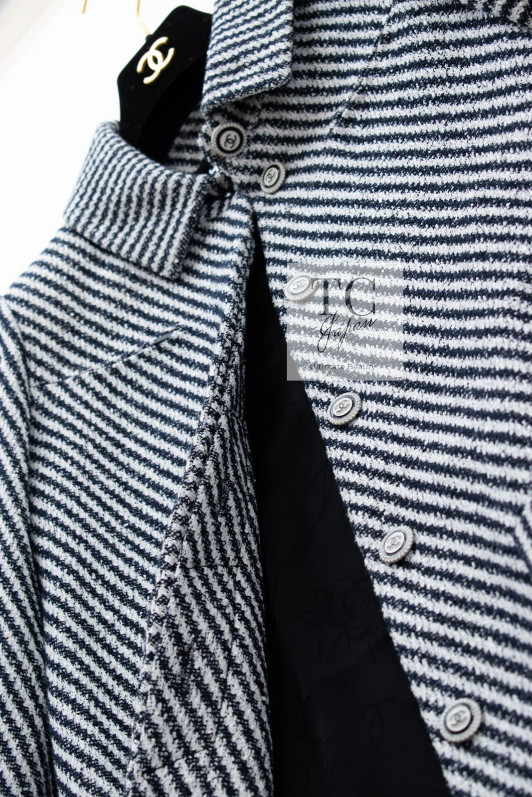 CHANEL 16S Olive Navy White Striped Cotton Wool Tweed Coat 34 シャネル オリーブ ネイビー ホワイト ストライプ コットン ウール ツイード コート 即発