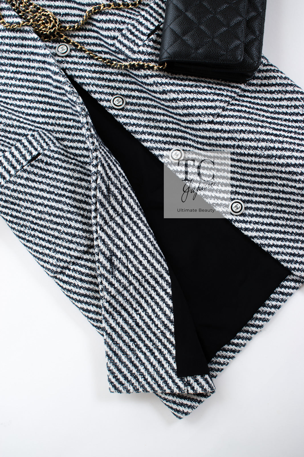 CHANEL 16S Olive Navy White Striped Cotton Wool Tweed Coat 34 シャネル オリーブ ネイビー ホワイト ストライプ コットン ウール ツイード コート 即発
