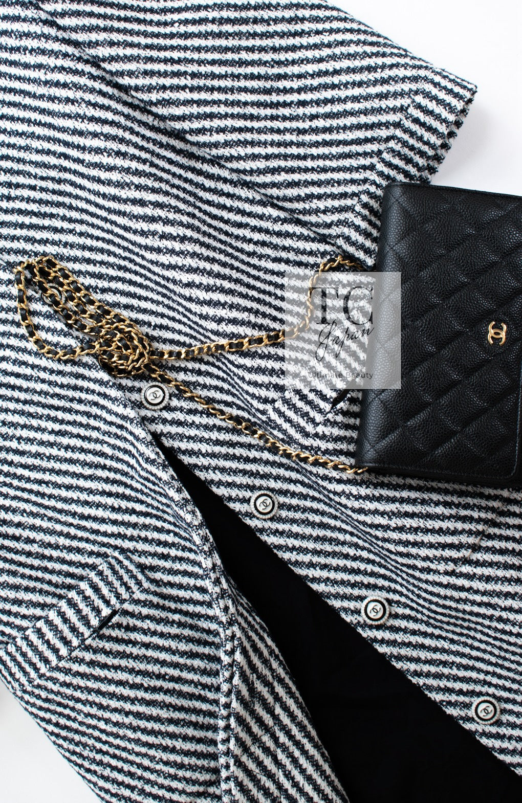 CHANEL 16S Olive Navy White Striped Cotton Wool Tweed Coat 34 シャネル オリーブ ネイビー ホワイト ストライプ コットン ウール ツイード コート 即発