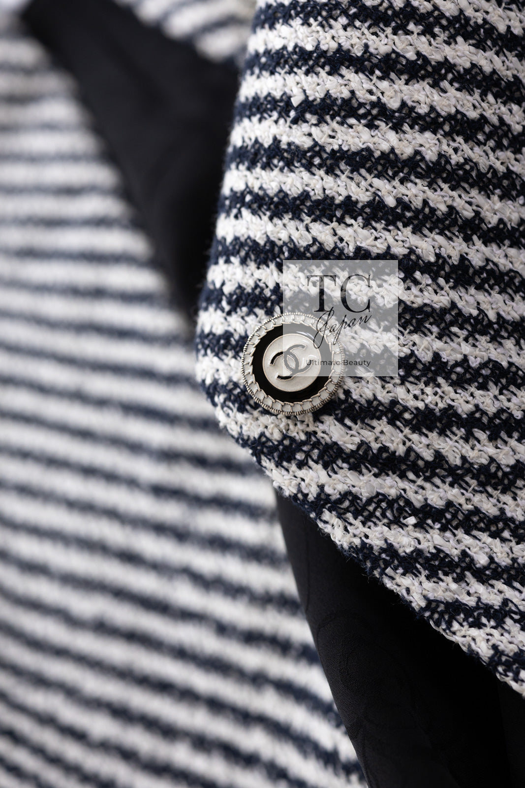 CHANEL 16S Olive Navy White Striped Cotton Wool Tweed Coat 34 シャネル オリーブ ネイビー ホワイト ストライプ コットン ウール ツイード コート 即発