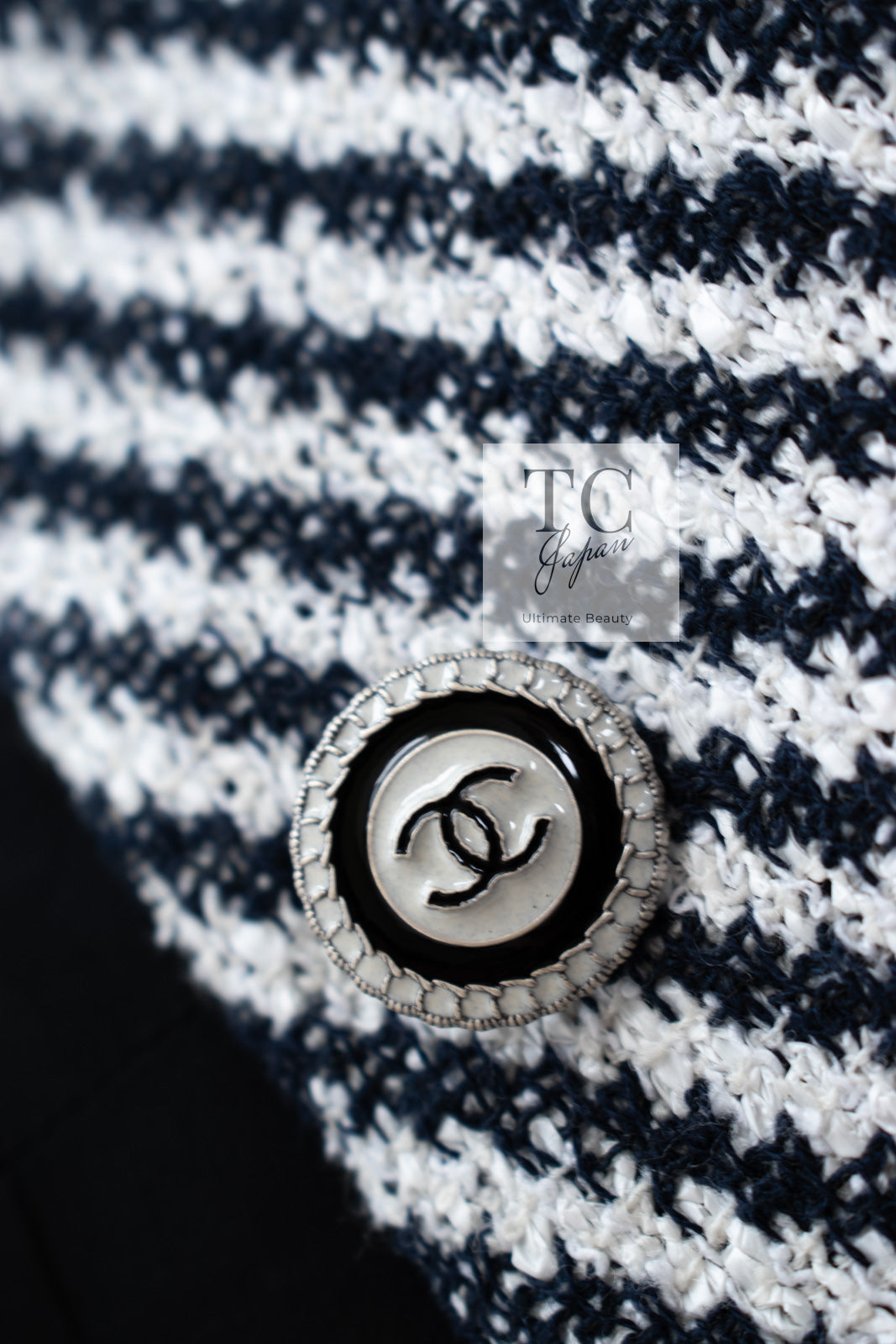 CHANEL 16S Olive Navy White Striped Cotton Wool Tweed Coat 34 シャネル オリーブ ネイビー ホワイト ストライプ コットン ウール ツイード コート 即発