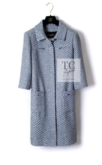 CHANEL 16S Olive Navy White Striped Cotton Wool Tweed Coat 34 シャネル オリーブ ネイビー ホワイト ストライプ コットン ウール ツイード コート 即発