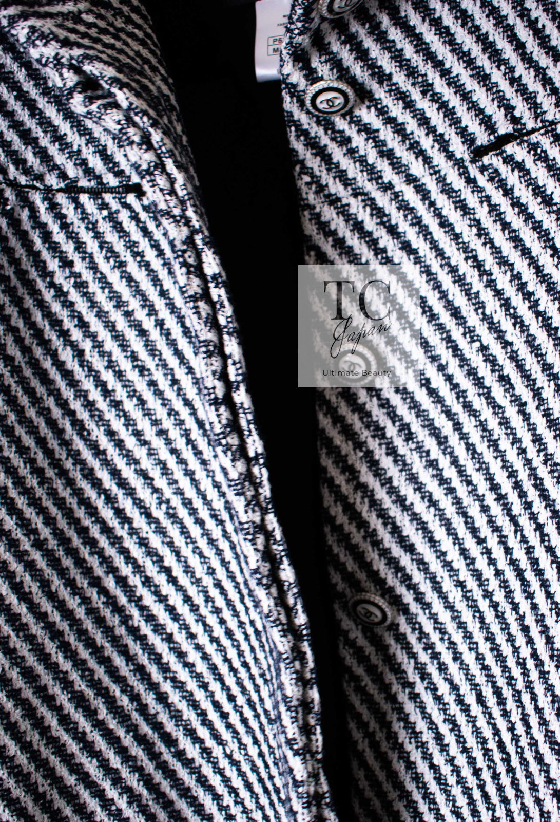 CHANEL 16S Olive Navy White Striped Cotton Wool Tweed Coat 34 シャネル オリーブ ネイビー ホワイト ストライプ コットン ウール ツイード コート 即発