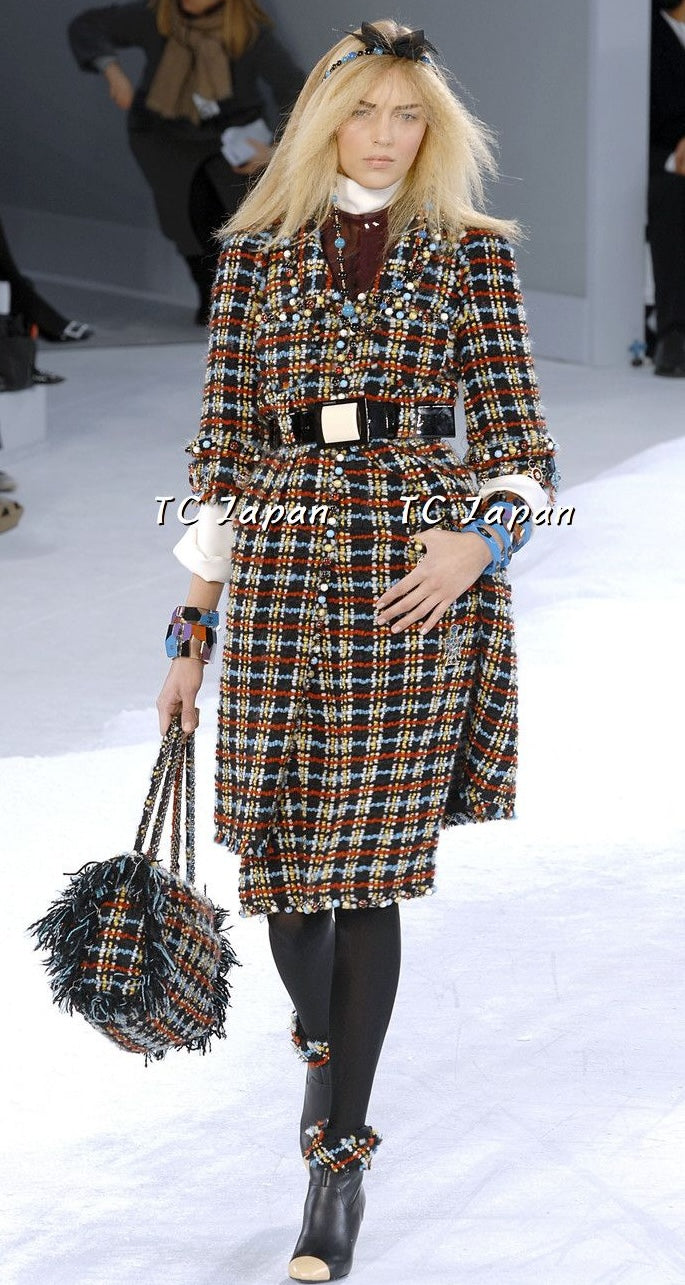 シャネル コート ベルト付き CHANEL ブラック マルチカラー ブークレ 