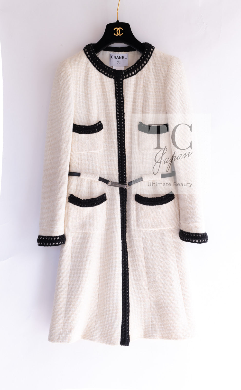 CHANEL 00A Ivory Black Trim Tweed Dress Coat with Belt 34 シャネル アイボリー ブラック トリム ベルト付 ワンピース コート 即発