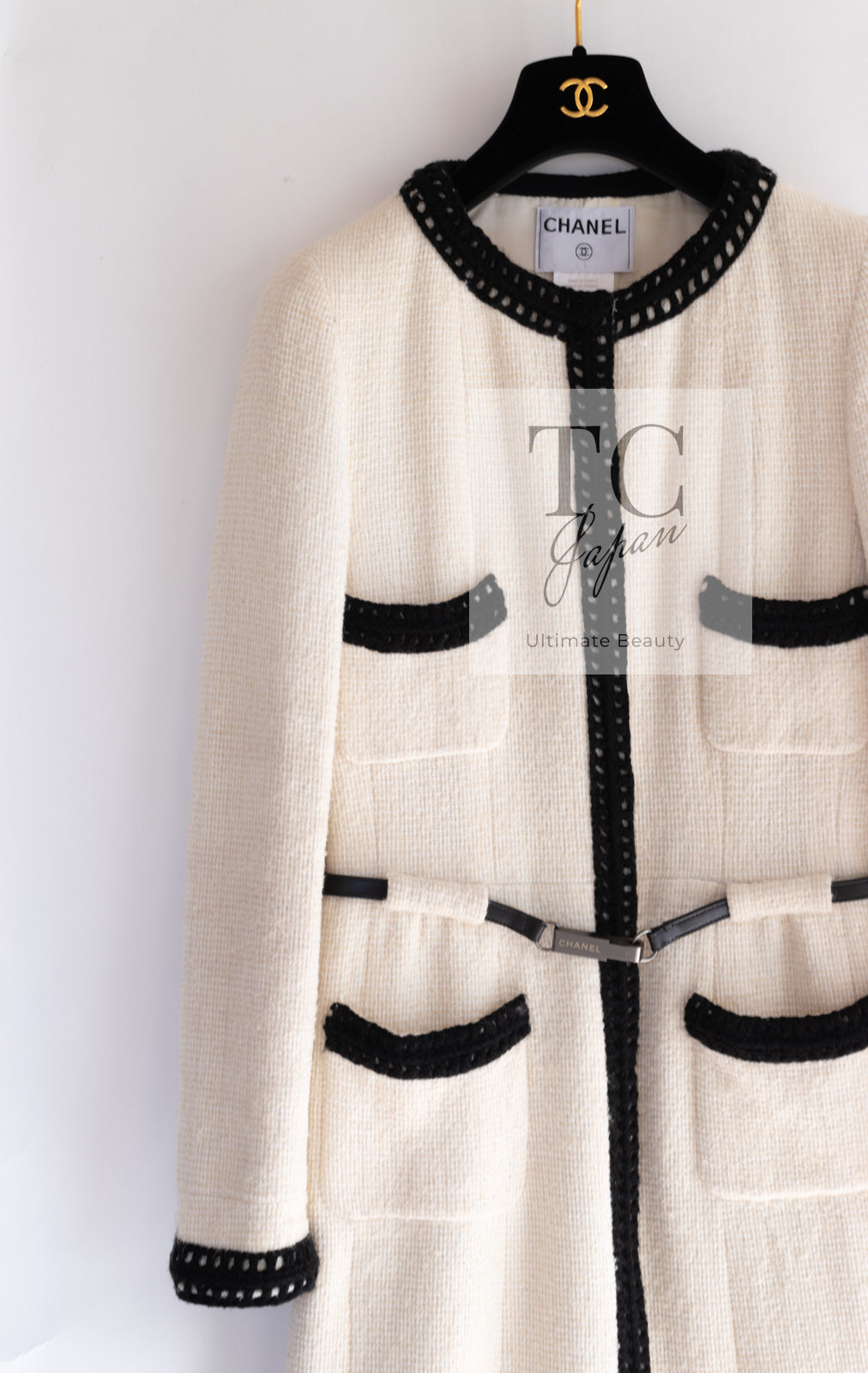 CHANEL 00A Ivory Black Trim Tweed Dress Coat with Belt 34 シャネル アイボリー ブラック トリム ベルト付 ワンピース コート 即発