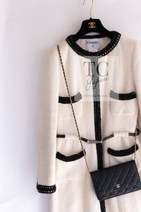 CHANEL 00A Ivory Black Trim Tweed Dress Coat with Belt 34 シャネル アイボリー ブラック トリム ベルト付 ワンピース コート 即発