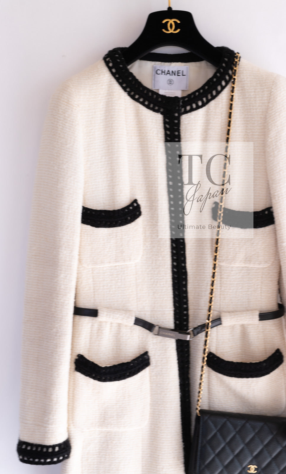 CHANEL 00A Ivory Black Trim Tweed Dress Coat with Belt 34 シャネル アイボリー ブラック トリム ベルト付 ワンピース コート 即発