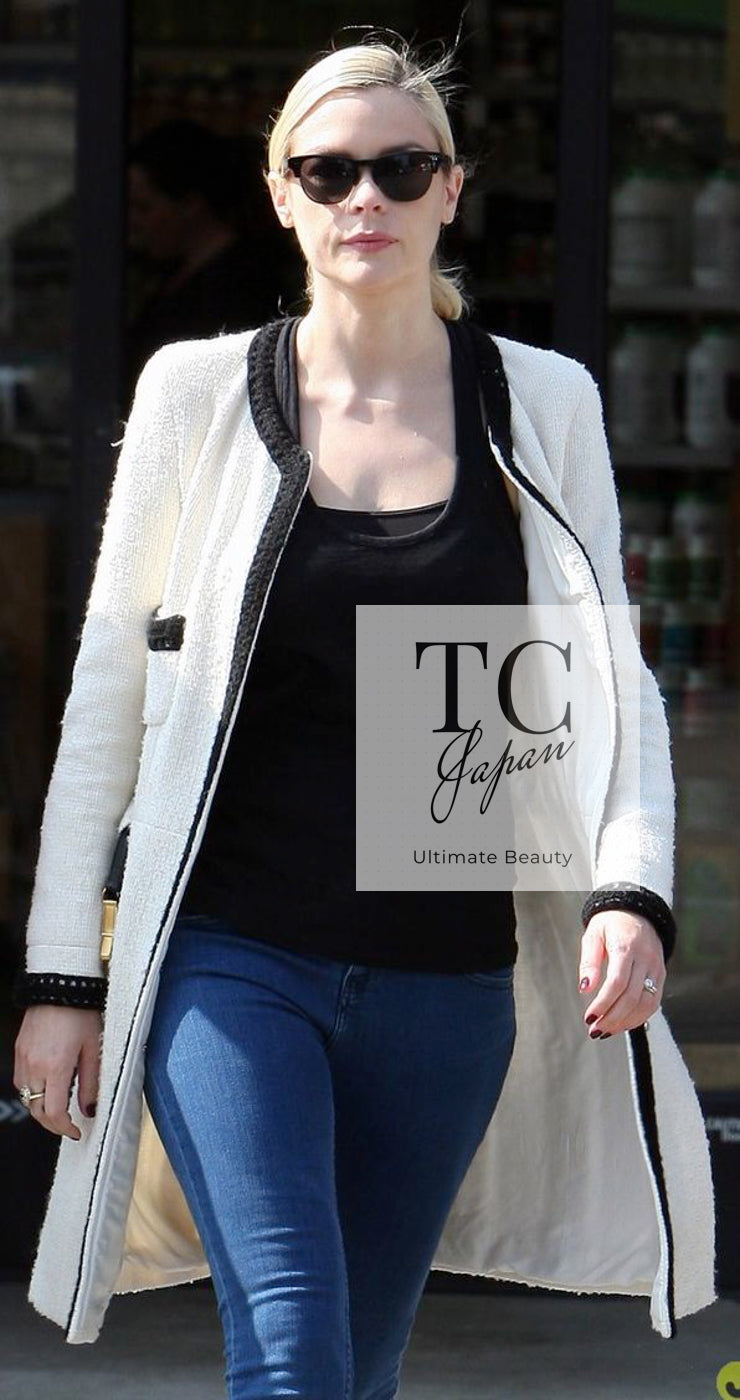 CHANEL 00A Ivory Black Trim Tweed Dress Coat with Belt 34 シャネル アイボリー ブラック トリム ベルト付 ワンピース コート 即発