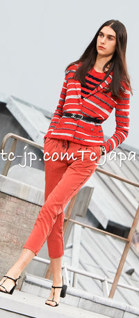 CHANEL 20S Ivory Red Striped Cashmere Knit Jacket Cardigan 34 36 シャネル アイボリー レッド ボーダー カシミア ニット ジャケット カーディガン 即発