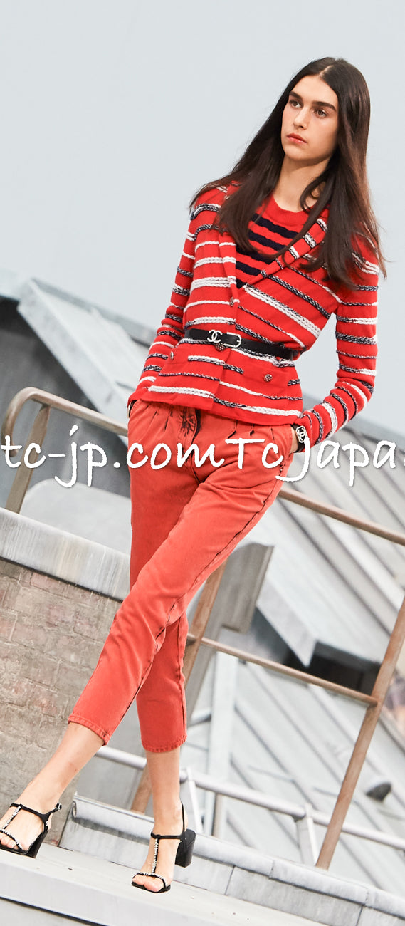 CHANEL 20S Ivory Red Striped Cashmere Knit Jacket Cardigan 34 36 シャネル アイボリー レッド ボーダー カシミア ニット ジャケット カーディガン 即発