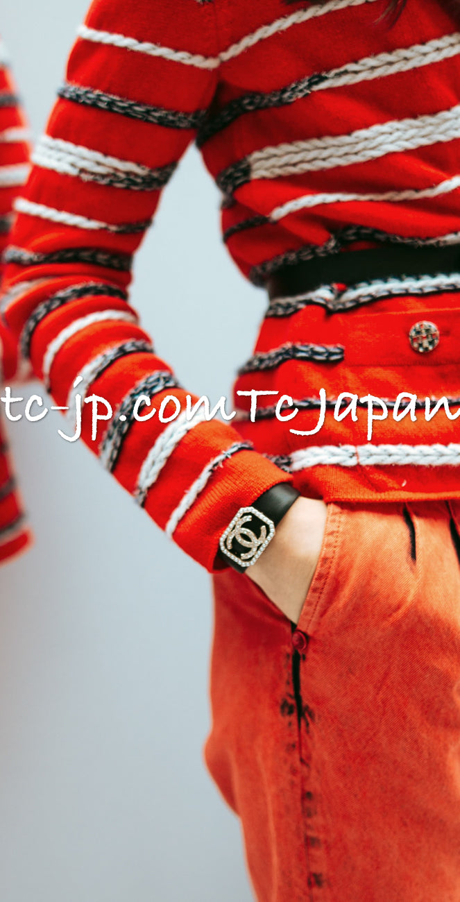 CHANEL 20S Ivory Red Striped Cashmere Knit Jacket Cardigan 34 36 シャネル アイボリー レッド ボーダー カシミア ニット ジャケット カーディガン 即発