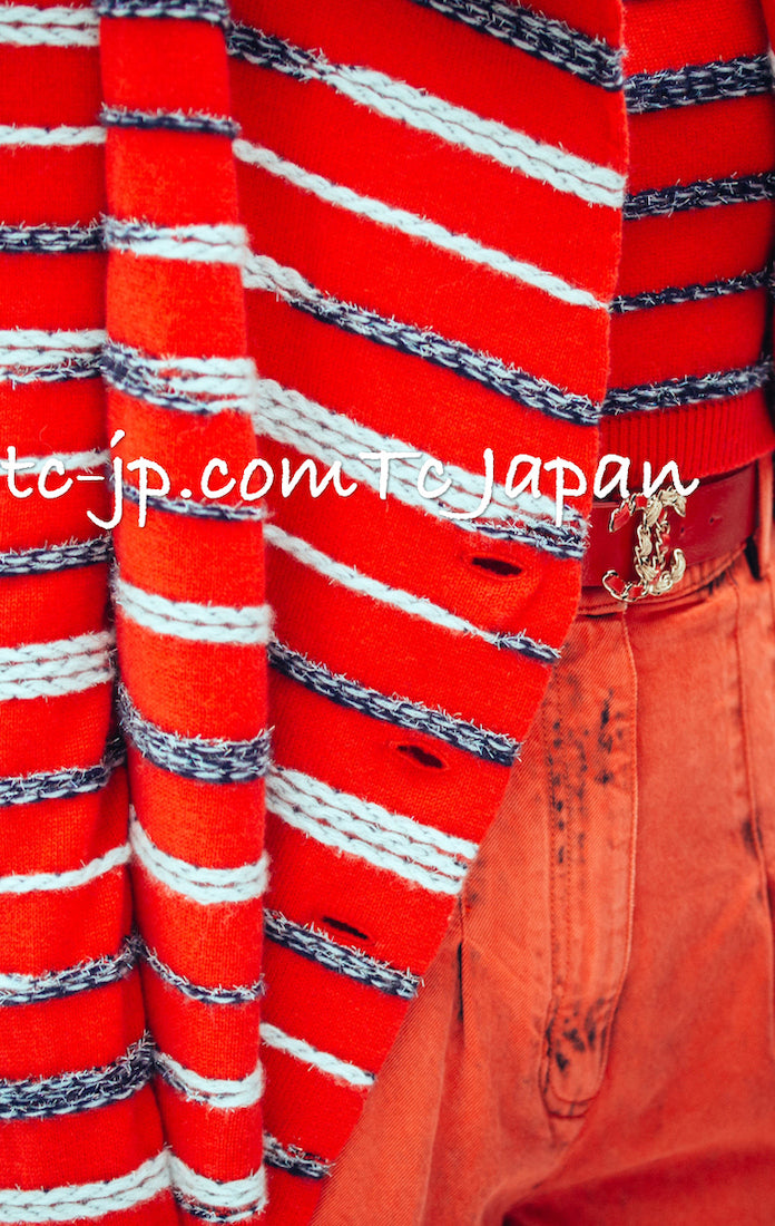 CHANEL 20S Ivory Red Striped Cashmere Knit Jacket Cardigan 34 36 シャネル アイボリー レッド ボーダー カシミア ニット ジャケット カーディガン 即発