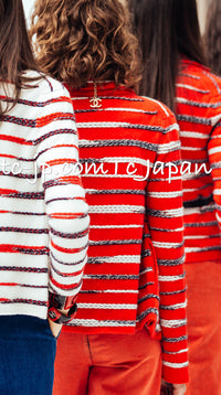 CHANEL 20S Ivory Red Striped Cashmere Knit Jacket Cardigan 34 36 シャネル アイボリー レッド ボーダー カシミア ニット ジャケット カーディガン 即発