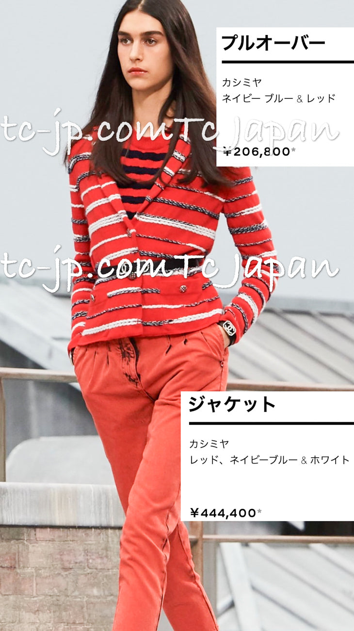 CHANEL 20S Ivory Red Striped Cashmere Knit Jacket Cardigan 34 36 シャネル アイボリー レッド ボーダー カシミア ニット ジャケット カーディガン 即発