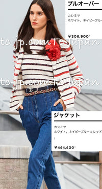 CHANEL 20S Ivory Red Striped Cashmere Knit Jacket Cardigan 34 36 シャネル アイボリー レッド ボーダー カシミア ニット ジャケット カーディガン 即発