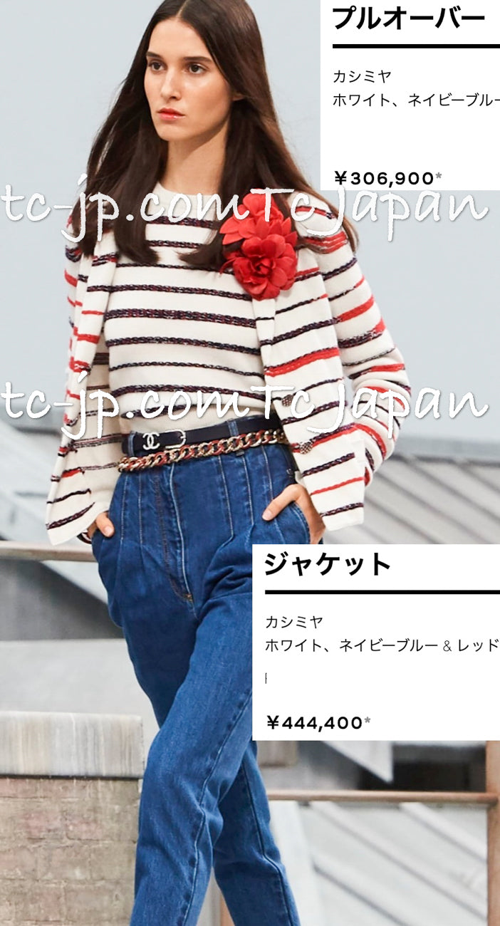 CHANEL 20S Ivory Red Striped Cashmere Knit Jacket Cardigan 34 36 シャネル アイボリー レッド ボーダー カシミア ニット ジャケット カーディガン 即発