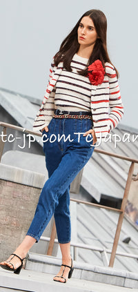 CHANEL 20S Ivory Red Striped Cashmere Knit Jacket Cardigan 34 36 シャネル アイボリー レッド ボーダー カシミア ニット ジャケット カーディガン 即発