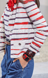 CHANEL 20S Ivory Red Striped Cashmere Knit Jacket Cardigan 34 36 シャネル アイボリー レッド ボーダー カシミア ニット ジャケット カーディガン 即発