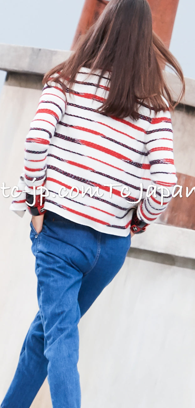 CHANEL 20S Ivory Red Striped Cashmere Knit Jacket Cardigan 34 36 シャネル アイボリー レッド ボーダー カシミア ニット ジャケット カーディガン 即発