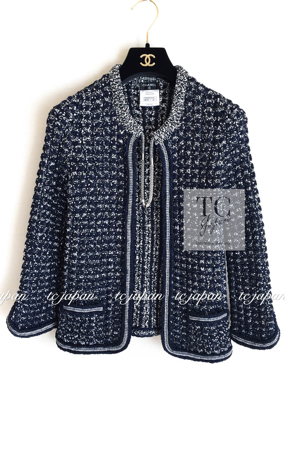 CHANEL 12S Navy Black Chain Cotton Knit Cardigan 36 シャネル ネイビー ブラック チェーン コットン ニット カーディガン 即発