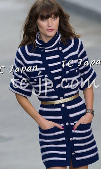 CHANEL 15S Blue Stripe Cashmere Knit Dress Cardigan 38 シャネル ブルー ストライプ カシミア 100% ニット ワンピース カーディガン 即発