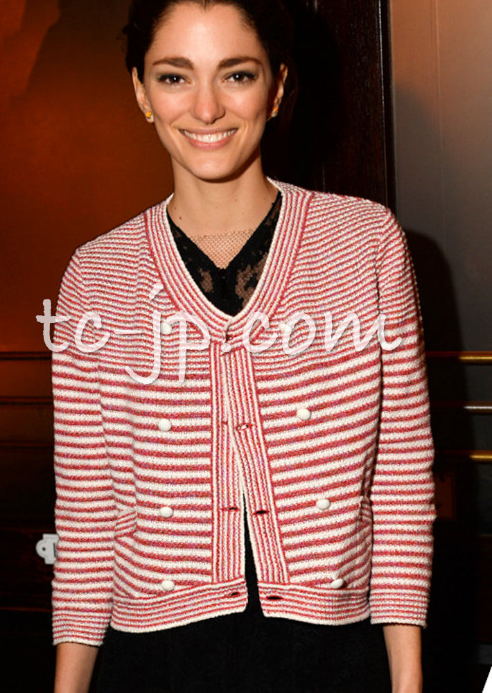 CHANEL 15S Red White Stripe Knit Cardigan 36 38 シャネル レッド ホワイト ストライプ ニット カーディガン 即発