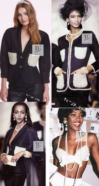 CHANEL 90S Vintage Ivory Cream Pearl Pocket Silk Skirt Jacket Suit 38 シャネル ヴィンテージ アイボリー クリーム パールいっぱい シルク スカート ジャケット スーツ 即発