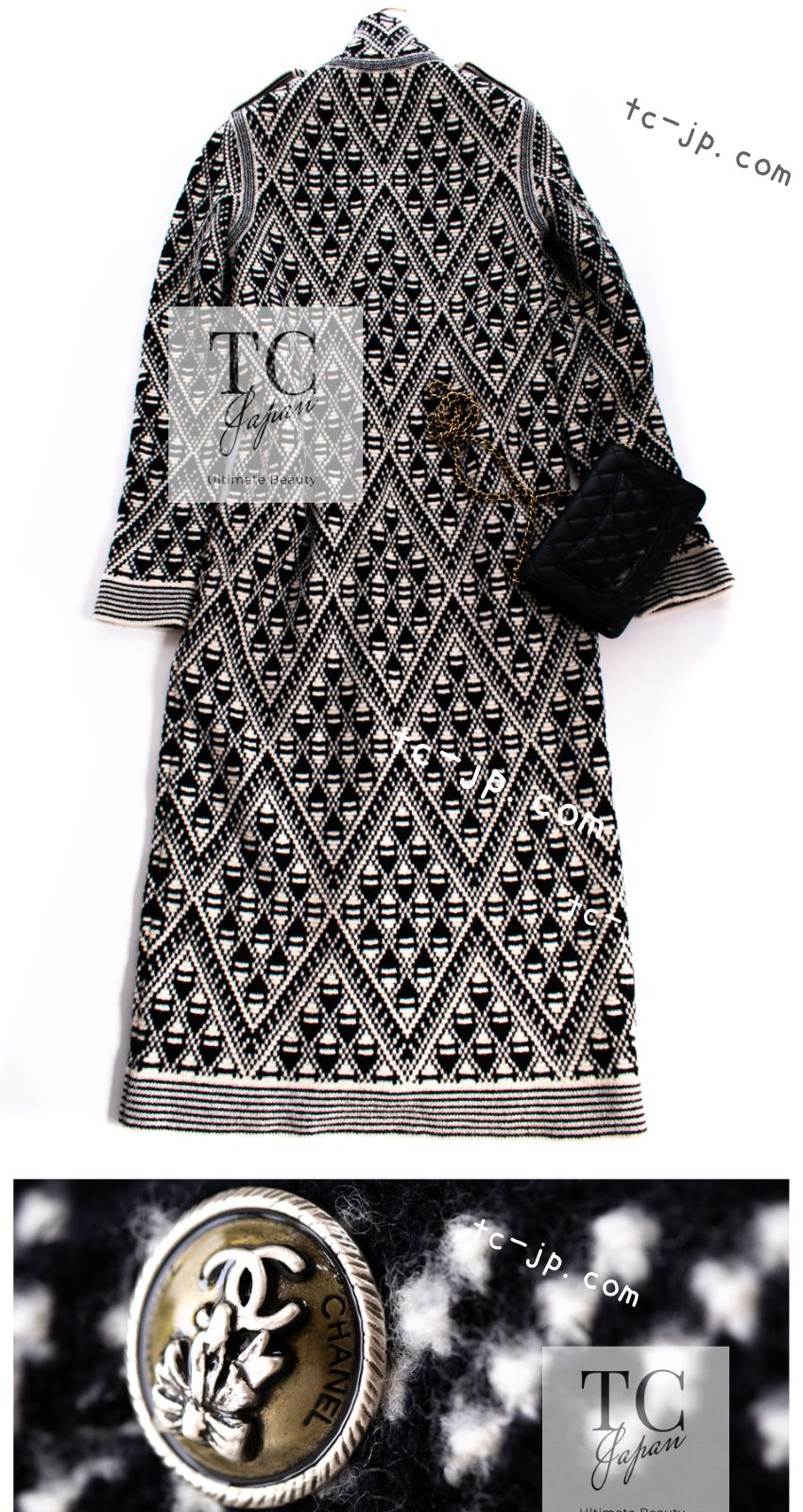 CHANEL 04PF Ivory Black Wool Cashmere Knit Long Cardigan Coat 38 シャネル アイボリー ブラック ウール カシミヤ ニット ロング カーディガン コート 即発