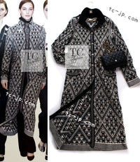 CHANEL 04PF Ivory Black Wool Cashmere Knit Long Cardigan Coat 38 シャネル アイボリー ブラック ウール カシミヤ ニット ロング カーディガン コート 即発