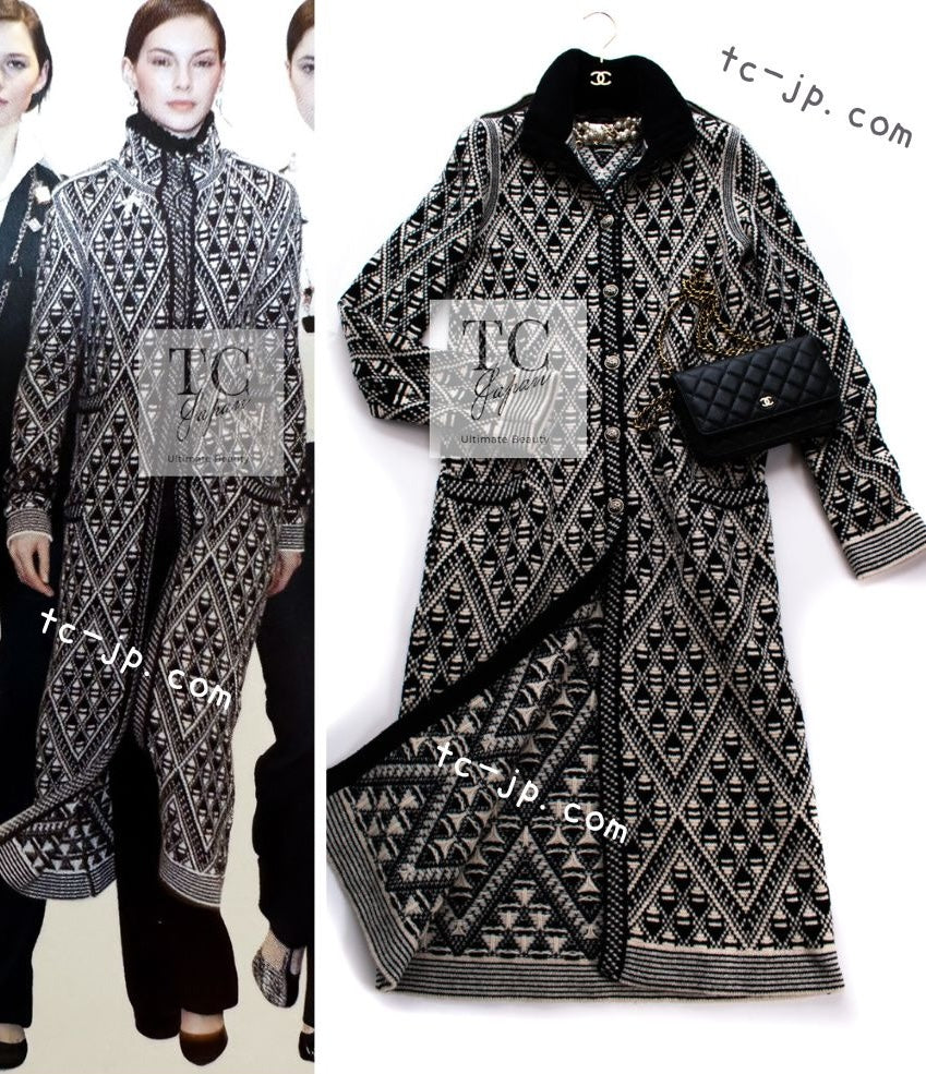 CHANEL 04PF Ivory Black Wool Cashmere Knit Long Cardigan Coat 38 シャネル アイボリー ブラック ウール カシミヤ ニット ロング カーディガン コート 即発