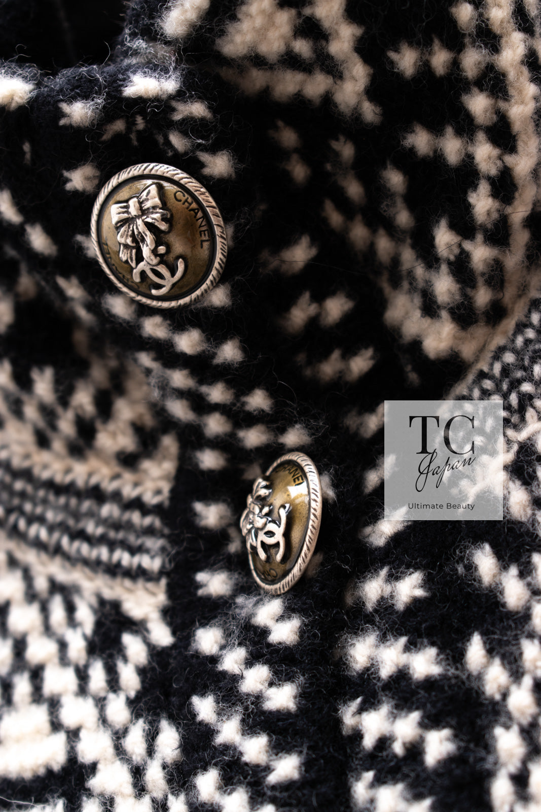 CHANEL 04PF Ivory Black Wool Cashmere Knit Long Cardigan Coat 38 シャネル アイボリー ブラック ウール カシミヤ ニット ロング カーディガン コート 即発